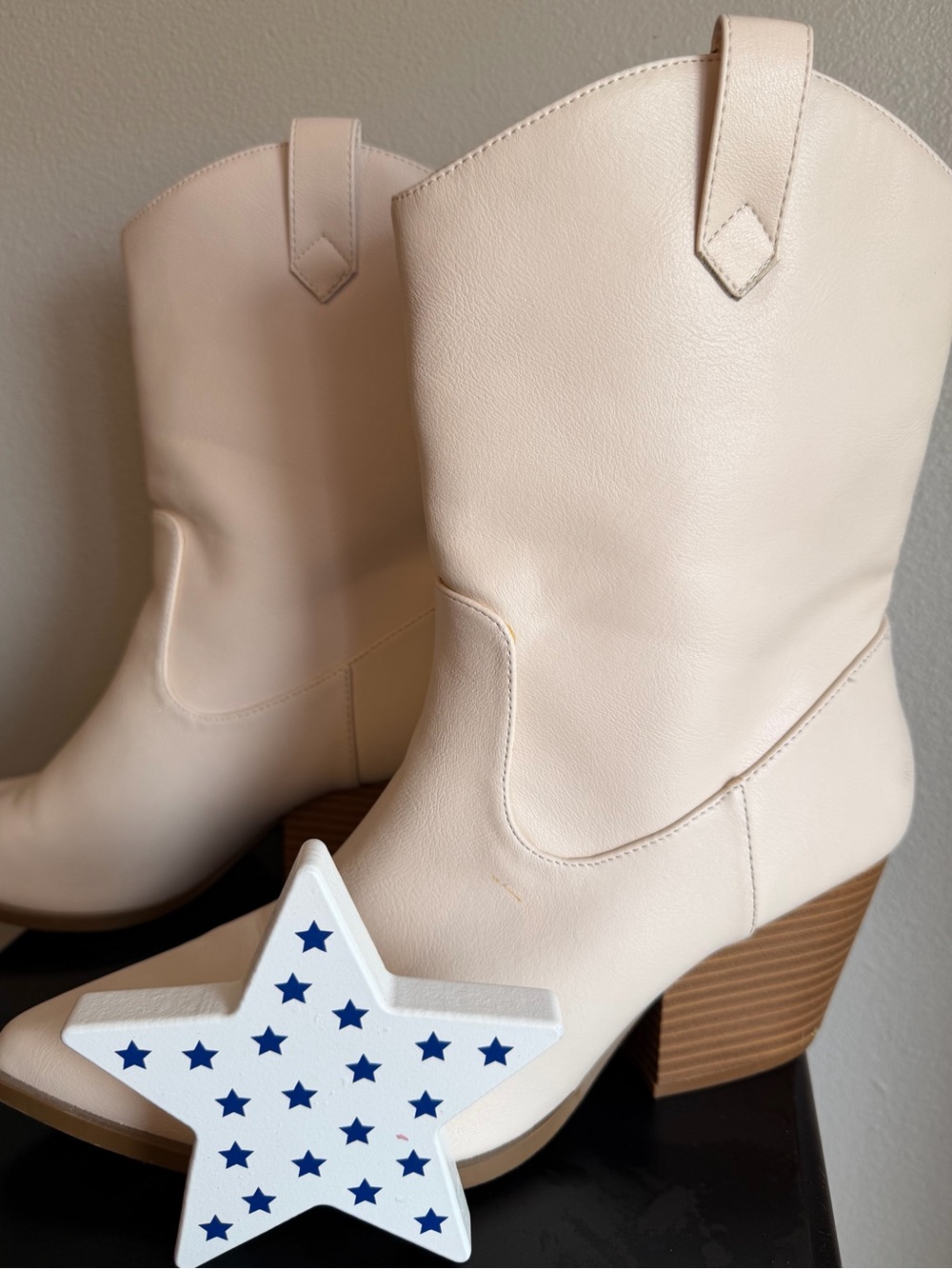 Women's Cream Western Ankle Boots with Stacked Heel